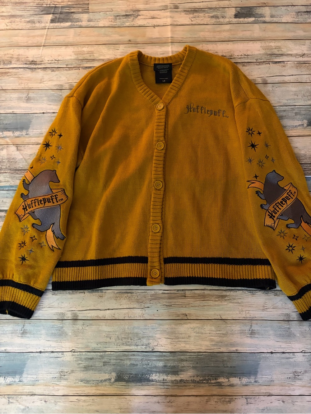 Harry Potter Hufflepuff Mustard Yellow V-Neck Button Cardigan - Picture 2 of 7
